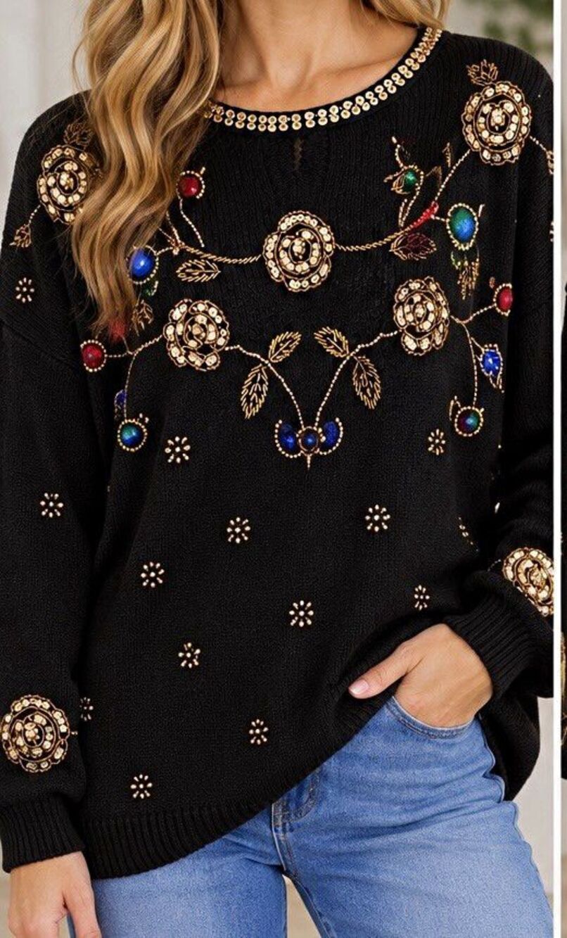 Exclusive Imports Womens 44 Black Beaded Sequin Holiday Sweater Vintage Style
